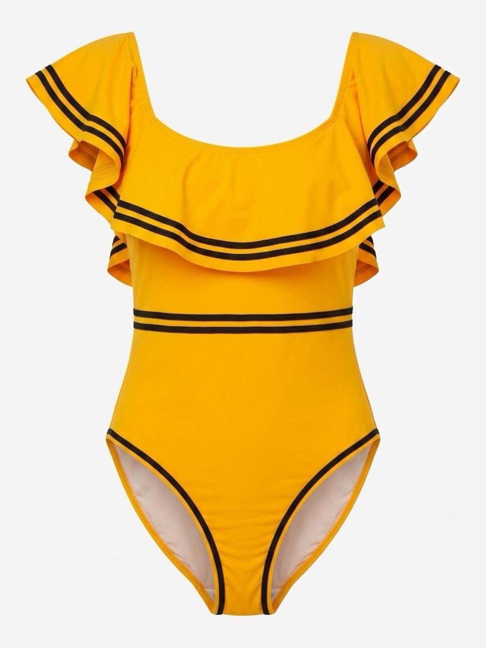 Yellow Ruffle One-Piece Swimsuit with Contrast Trim